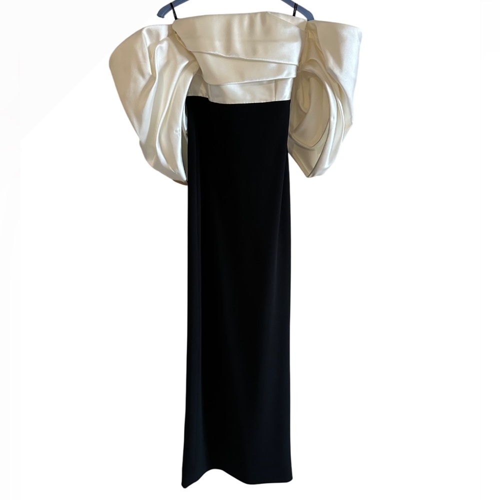 Solace London Arla off-the-shoulder gathered satin-twill and crepe gown.